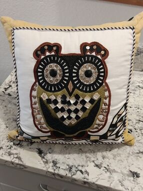 MacKenzie Childs Vintage Beaded Owl Decorative Throw Pillow